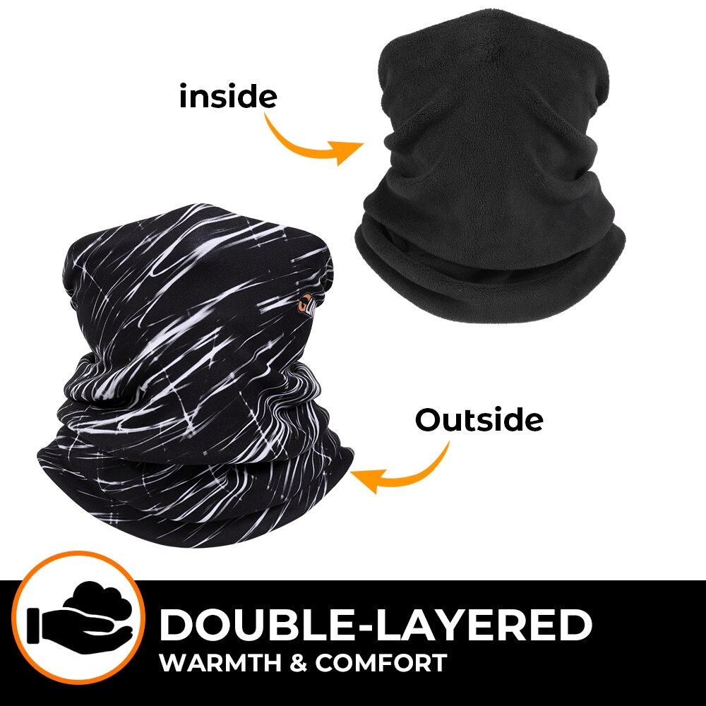 Double-layered thermal fleece motorcycle face mask and cycling neck warmer in black with white patterns, showing inside and outside views.